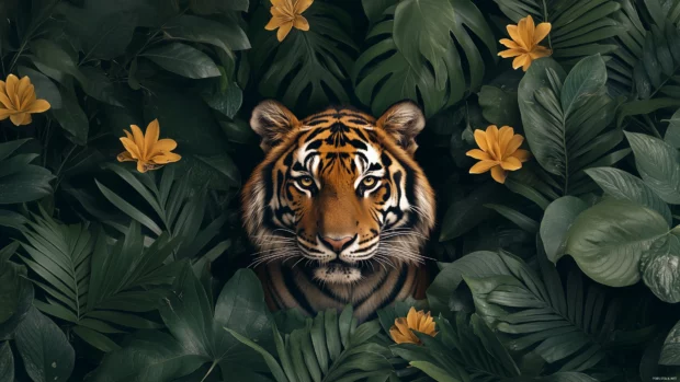 Tiger within vibrant jungle, leaves form mosaic style, face blends in, green orange tones.