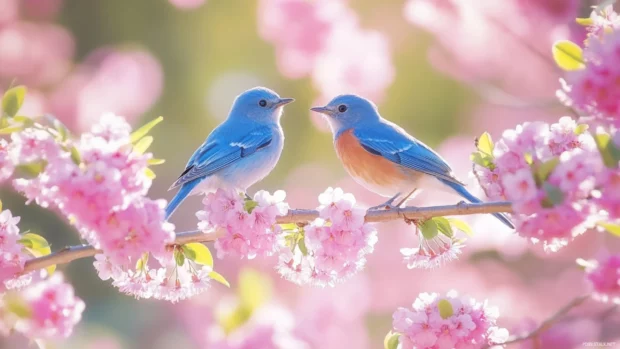 Two bluebirds on a blooming branch under morning sunlight.
