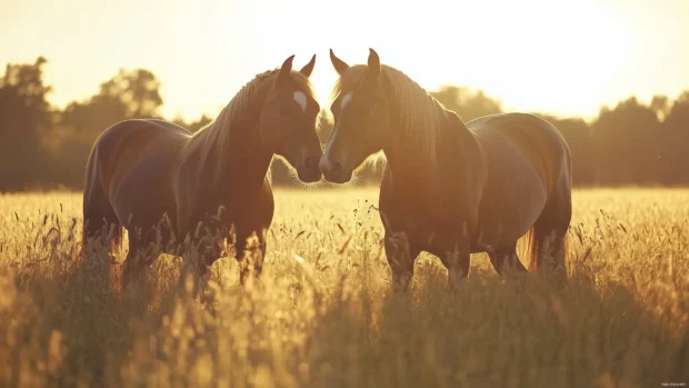 Two horses playing in tall grass, golden sunlight glowing on them.