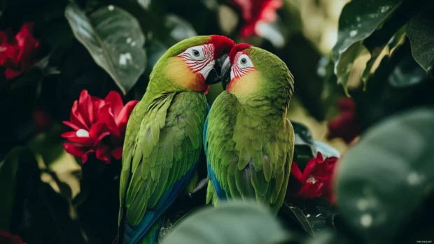 Two parrots snuggling on a vine surrounded by tropical blooms, great for a parrot bird background.
