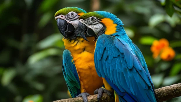 Two parrots snuggling on a vine surrounded by tropical blooms, great for a parrot bird background.