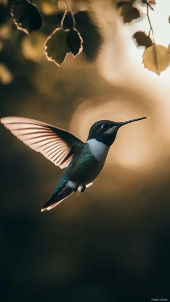Vibrant hummingbird mid air, wings shine iridescent, soft bokeh, bird iPhone background.