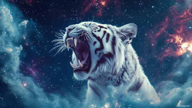White tiger, battle worn, fur marked red, misty forest, eyes burn with rage.