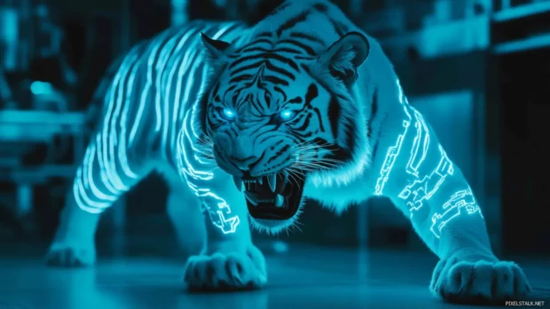 White tiger, bioluminescent, growls in lab, circuits embedded, futuristic vibe.