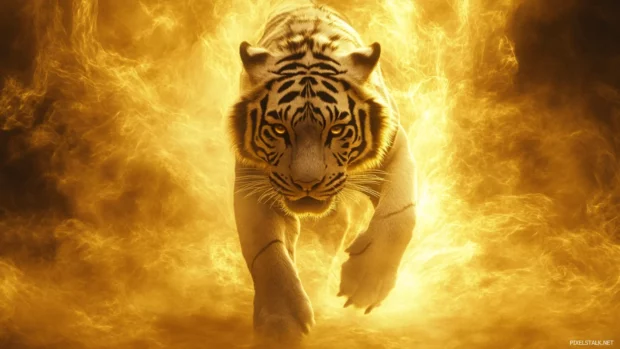 White tiger, golden mist around, glowing claws, ethereal and bold vibe.