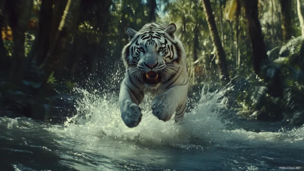 White tiger in mid air, slow, above river, lush jungle backdrop.