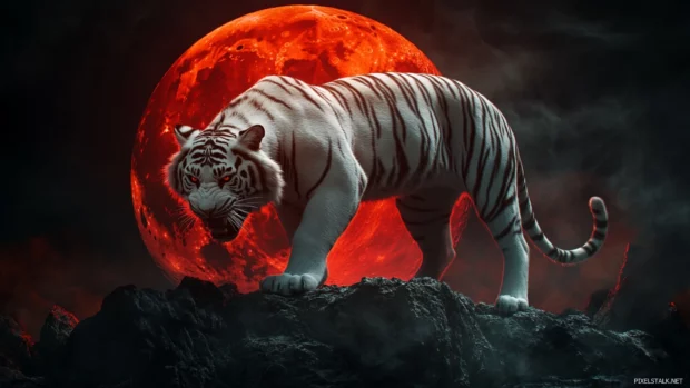 White tiger on rocky cliff, blood red moon shines, growling at unseen threat.