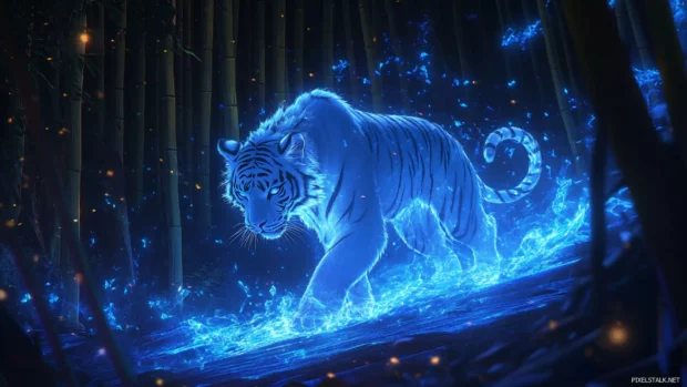 White tiger through lit bamboo, shimmering fur, blue flames surround.