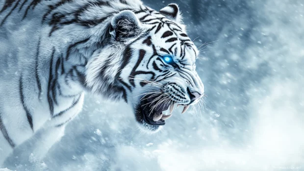 White tiger, wild, jumps with claws, through dark jungle, fangs show pure fury.