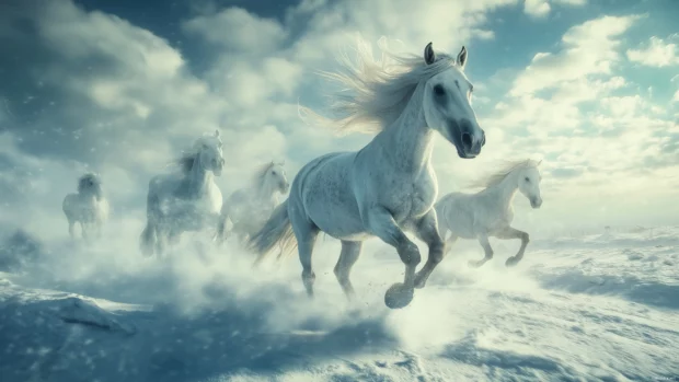 Wild horses running through snow, their breath visible in the cold air.