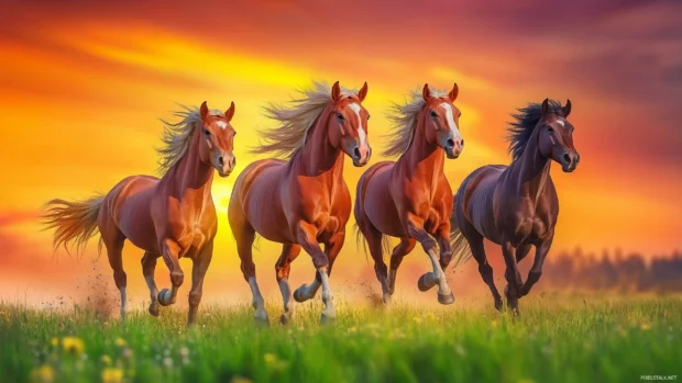 Wild mustangs galloping freely under a vibrant sunset, orange and pink hues glowing.