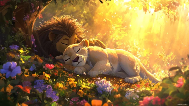Young Simba snuggling with Rafiki, surrounded by flowers and sunlight.