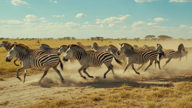 Zebras running across an open plain, dust swirling around them.