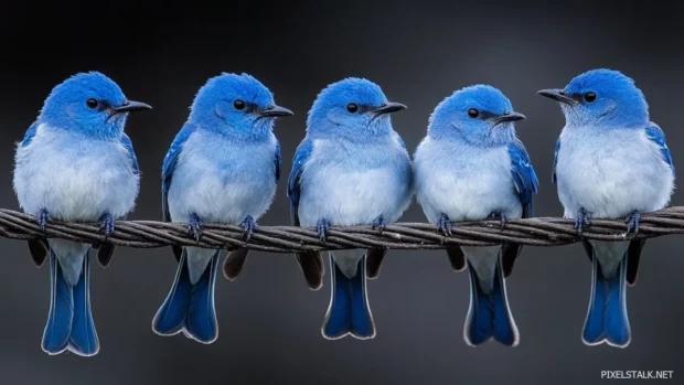 five bluebirds on a wire under dramatic evening clouds.