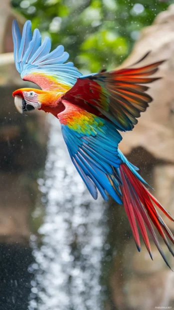 parrot wallpaper showing a macaw in flight over a waterfall, wings stretching the full frame.