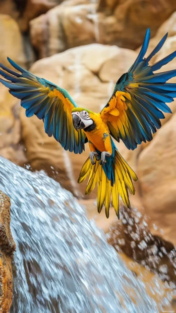 parrot wallpaper showing a macaw in flight over a waterfall, wings stretching the full frame.