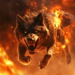 3D wolf wallpaper featuring a snarling black wolf mid jump through a dynamic fire lit environment.