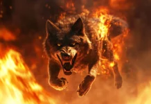 3D wolf wallpaper featuring a snarling black wolf mid jump through a dynamic fire lit environment.