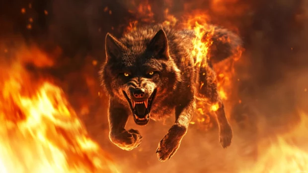 3D wolf wallpaper featuring a snarling black wolf mid jump through a dynamic fire lit environment.