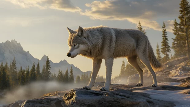 3D wolf wallpaper showing a hyper realistic wolf walking across rocky terrain at dusk.