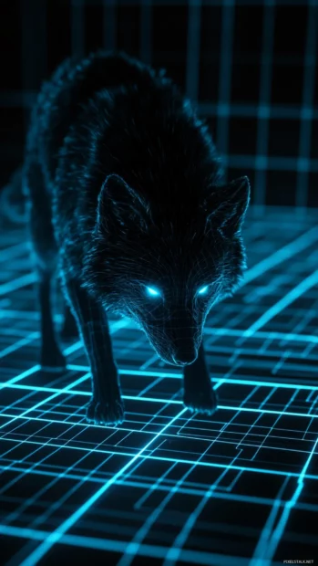 3D wolf wallpaper with a bold black wolf standing on a digital grid glowing beneath moonlight.