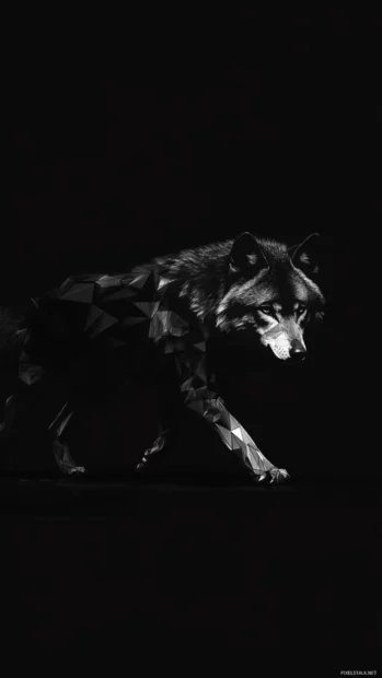 3D wolf wallpaper with sharp shadows and geometric wolf design stepping from darkness.