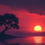 4K sunrise wallpaper featuring a rising sun behind a lone tree.