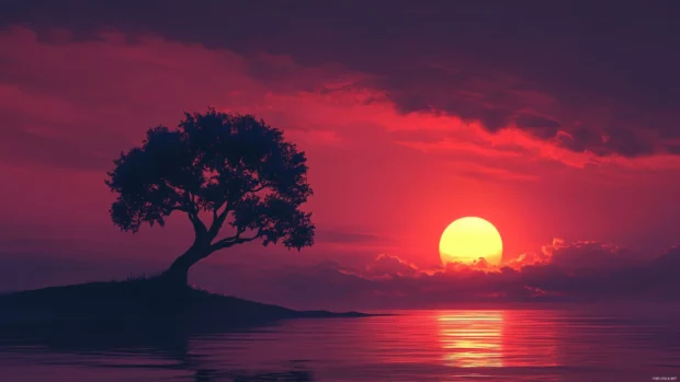 4K sunrise wallpaper featuring a rising sun behind a lone tree.