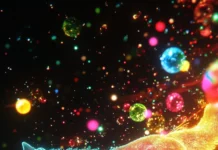 A 3D neon wolf spins slowly in space surrounded by cyber orbs and lasers.