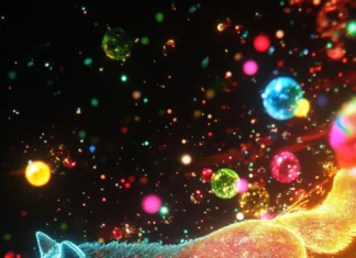 A 3D neon wolf spins slowly in space surrounded by cyber orbs and lasers.