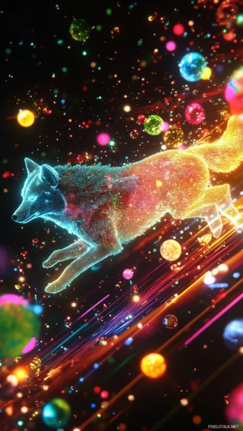 A 3D neon wolf spins slowly in space surrounded by cyber orbs and lasers.