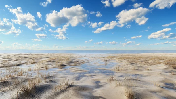 A 3D render of a beach with a sandbar visible at low tide, creating a unique landscape.
