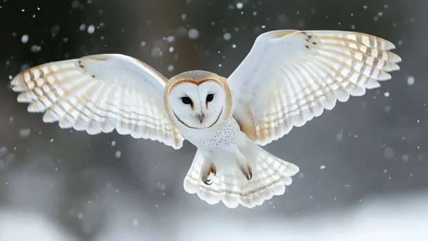 A Barn Owl flying low across a frozen meadow under a silver sky.