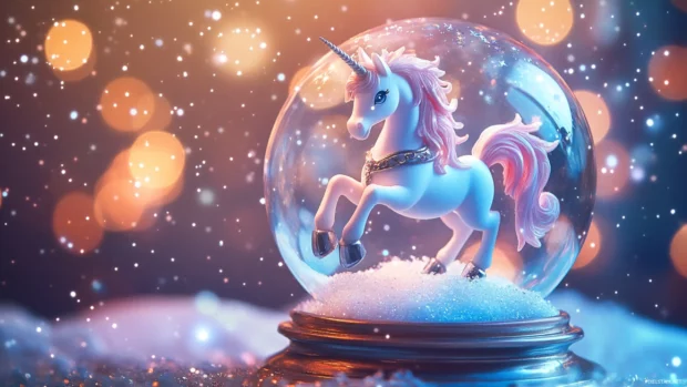 A Cute Unicorn spins joyfully in a pastel snow globe under starlight.