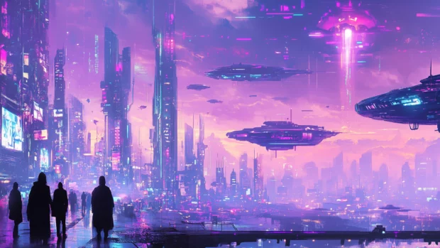 A Cyberpunk city depiction with geometric shapes and neon accents under a twilight sky.