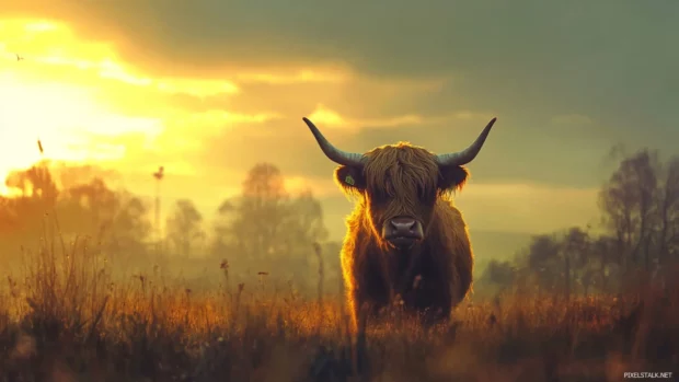 A Highland cow chewing slowly in golden hour landscape.