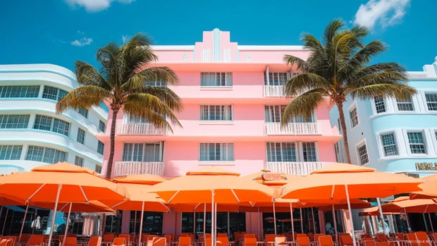 A Miami Beach pattern with geometric shapes, waves, and Deco details.