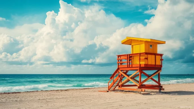 A Miami Beach scene with a lifeguard tower with a dramatic sky and ocean.