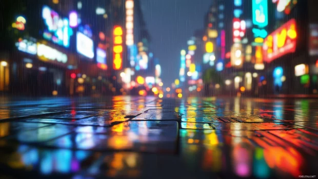 A Minimalist rainy cityscape with blurred neon lights reflecting off wet pavement.