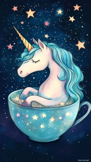 A Unicorn daydreaming inside a teacup filled with stars.