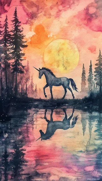A Unicorn walking on the edge of a watercolor lake at sunset.