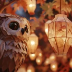 A baby owl made of simple geometric shapes looking up at floating lanterns.