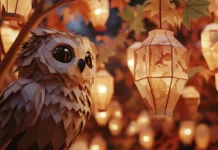 A baby owl made of simple geometric shapes looking up at floating lanterns.