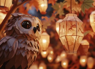 A baby owl made of simple geometric shapes looking up at floating lanterns.