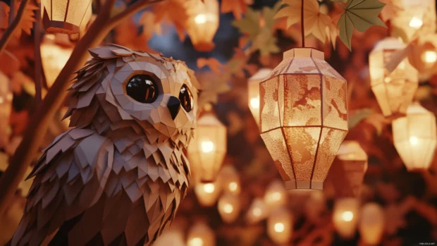 A baby owl made of simple geometric shapes looking up at floating lanterns.