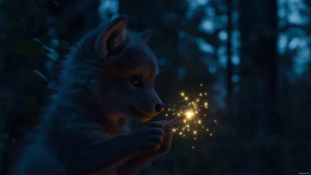 A baby wolf drawing stars into the night sky with a glowing crayon.