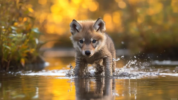 A baby wolf plays in shallow water, chasing reflections of light.