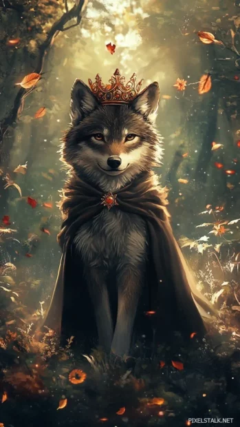 A baby wolf wearing a crown and cape stands proudly in a magical glade, designed as a fantasy cute wolf iPhone wallpaper.