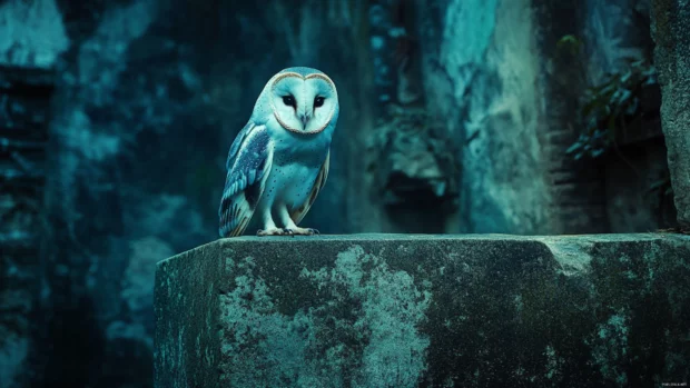 A barn owl resting on an ancient stone wall, its feathers catching the last glow of twilight.