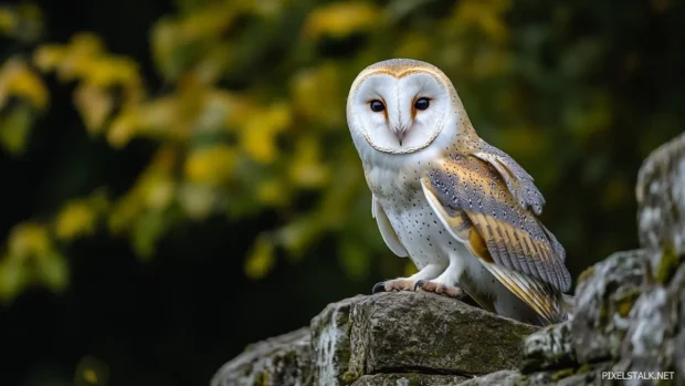 A barn owl resting on an ancient stone wall, its feathers catching the last glow of twilight.